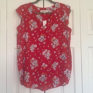 NWT Bright pink multicolor floral V-neck flutter sleeve blouse. Loft Sz Medium
